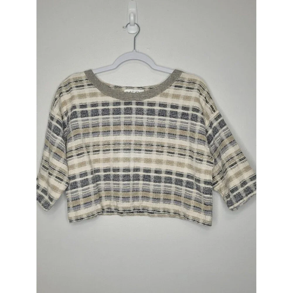 Vintage 80s 90s cream gray knit cropped boxy half sleeve sweater